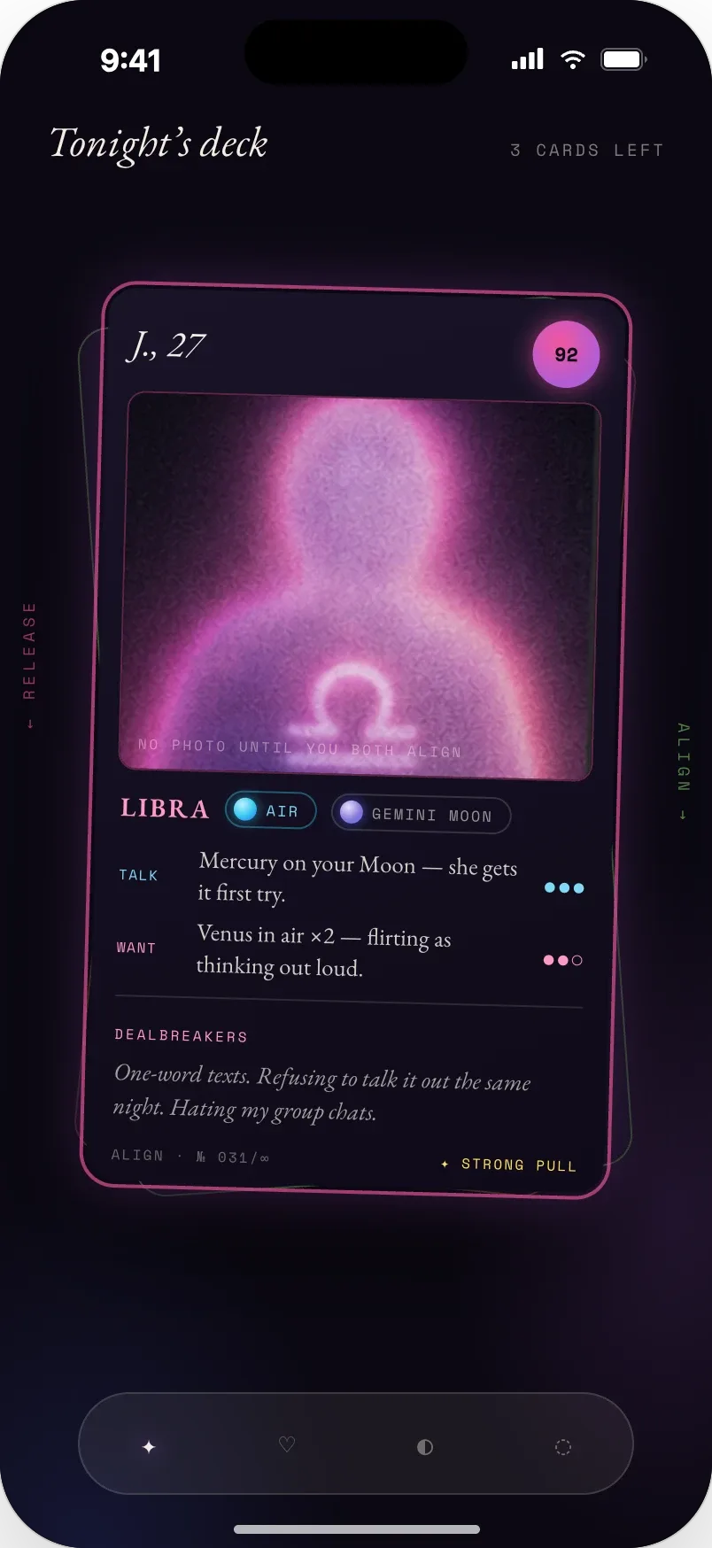 Tonight's deck — a stack of three anonymous match cards, each hiding the person's photo behind a glowing silhouette until both people align.
